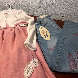 Pink and White Dress with Denim Jeans Set